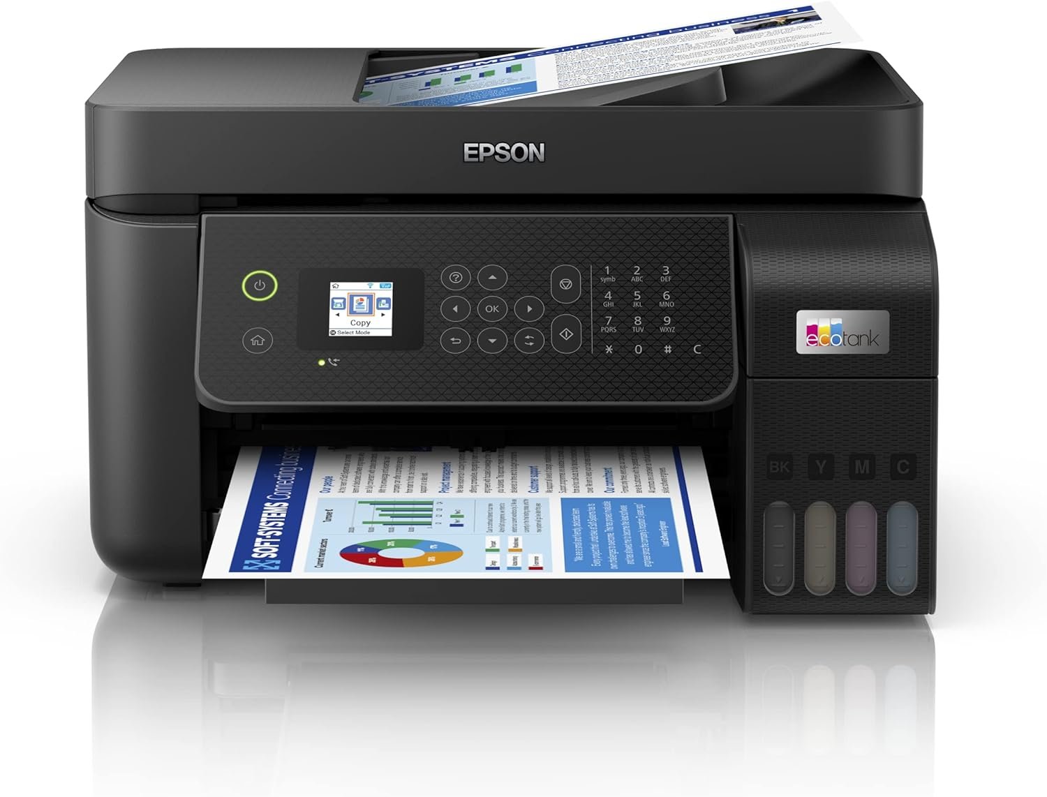 Epson EcoTank L5290 Office ink tank printer A4 colour 4 in 1 printer with ADF, Wi Fi and Smart Panel Connectivity and LCD screen, Black, Compact